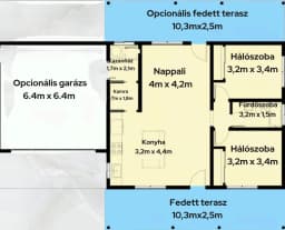 Oslo ház belső alaprajz két hálószobával és fedett terasszal