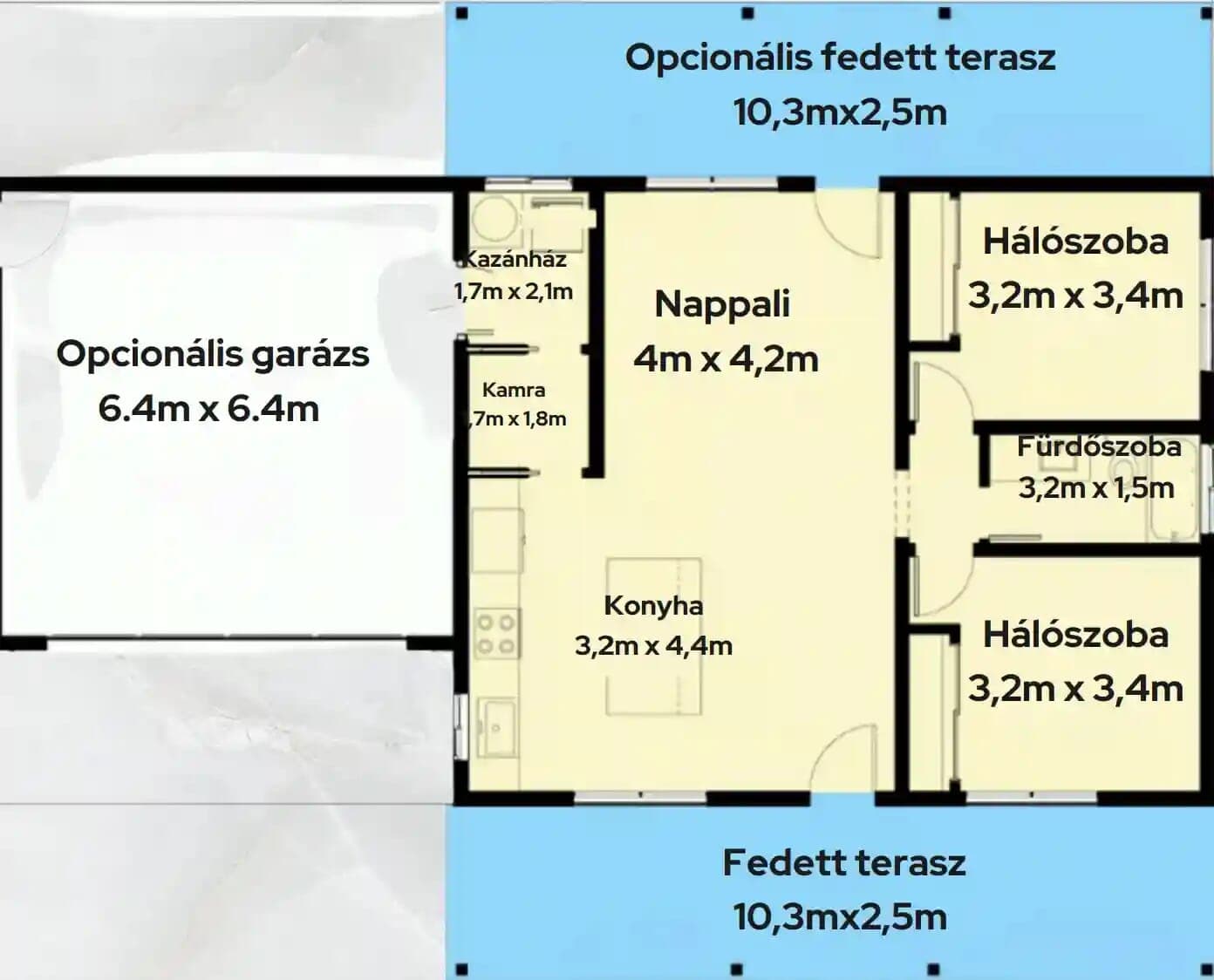 Oslo ház belső alaprajz két hálószobával és fedett terasszal