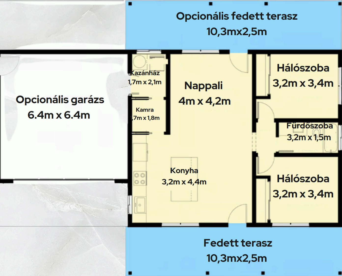 Oslo ház belső alaprajz két hálószobával és fedett terasszal
